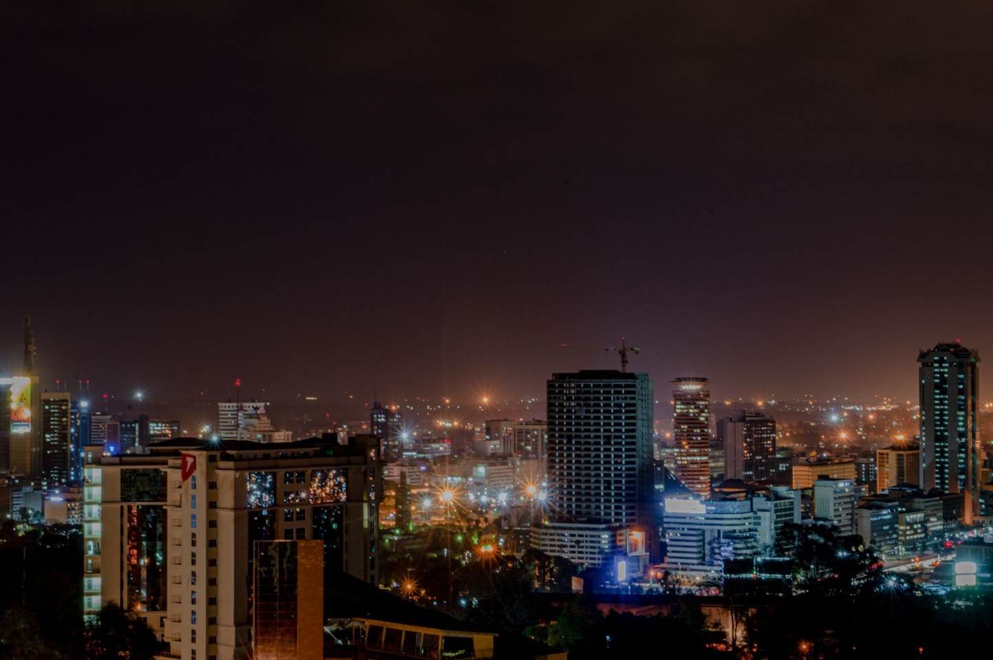 A city skyline lit up at night